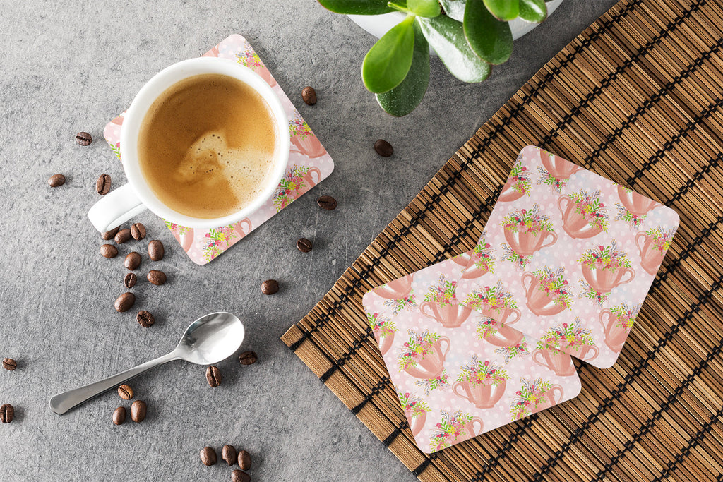 Tea Cup and Flowers Pink Foam Coasters Set of 4 Cup Coasters for Indoor Outdoor, Tabletop Protection, Anti Slip, Mouse pad Material