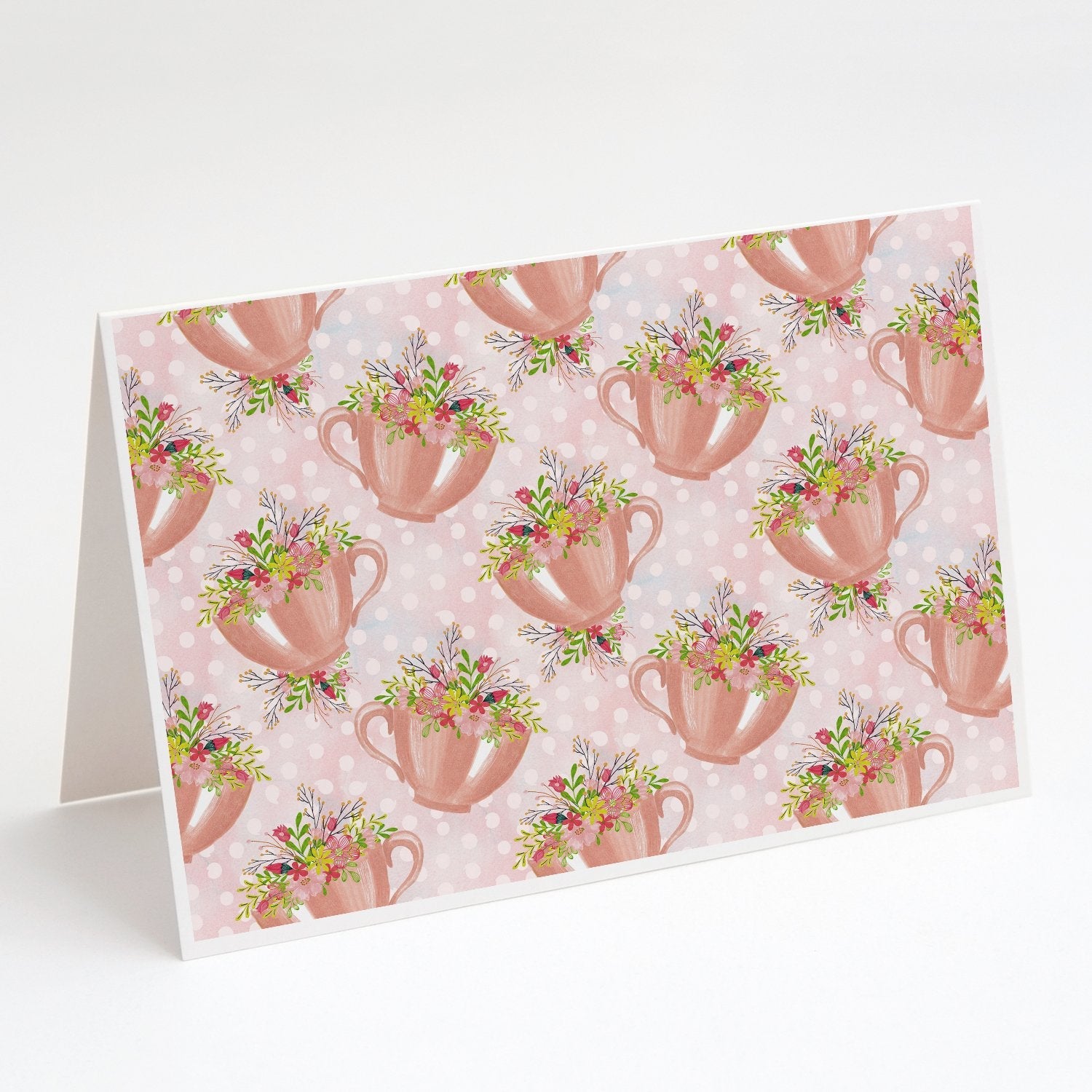 Tea Cup and Flowers Pink Greeting Cards Pack of 8 Blank Cards with Envelopes Whimsical A7 Size 5x7