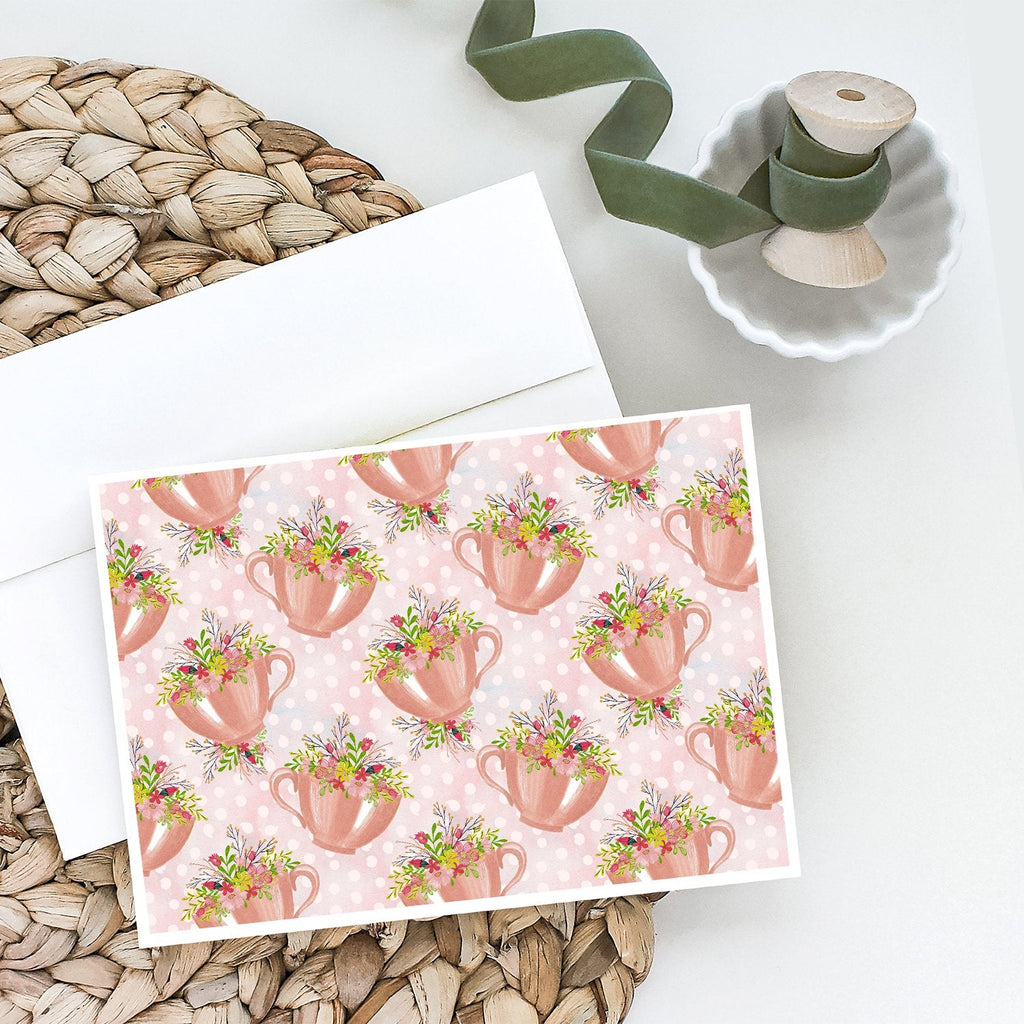 Tea Cup and Flowers Pink Greeting Cards Pack of 8 Blank Cards with Envelopes Whimsical A7 Size 5x7