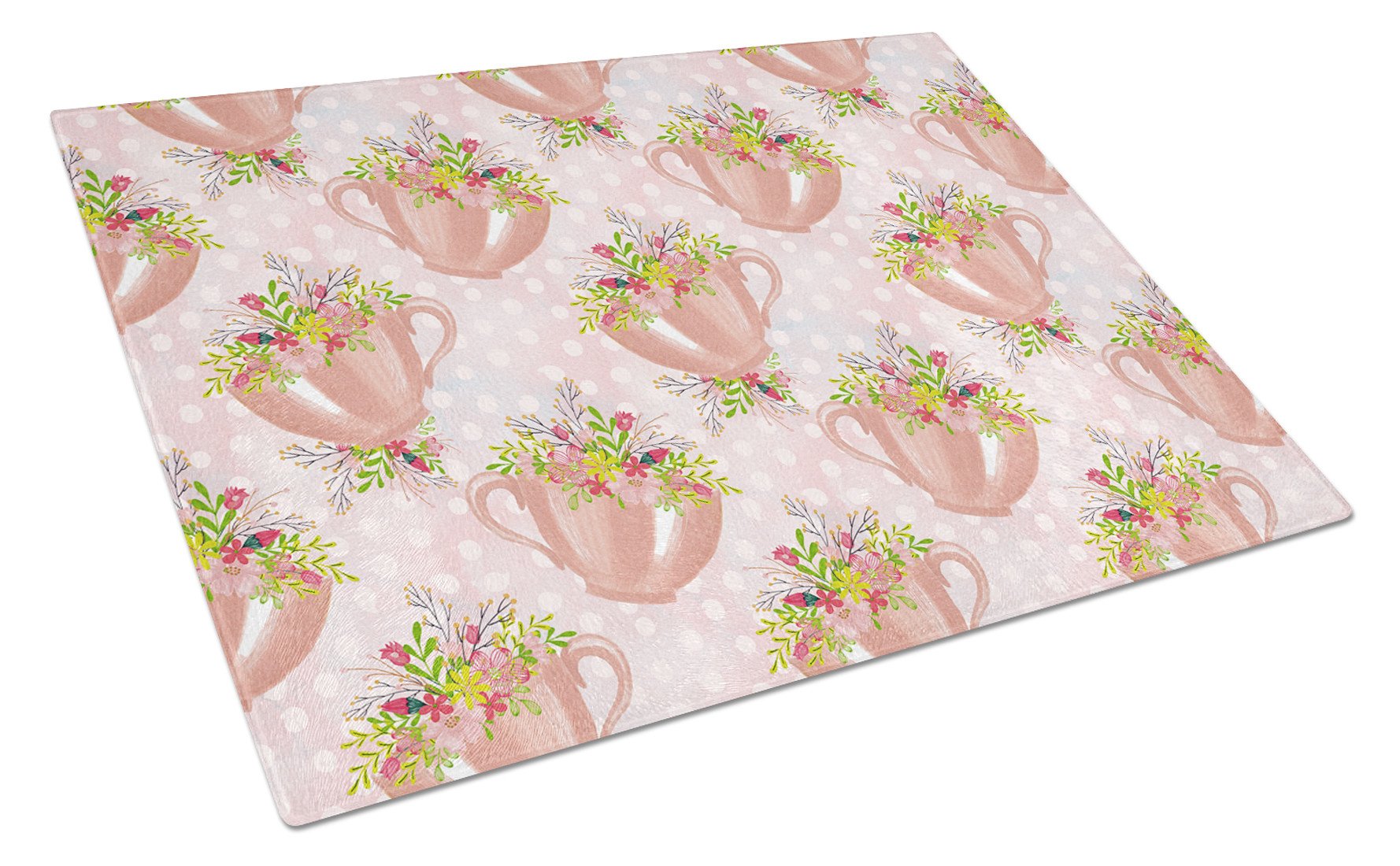 Tea Cup and Flowers Pink Cutting Board Tempered Glass Kitchen Cutting Surface, Heat Resistant Chopping, Non-Slip Feet, Food Prep & Serving