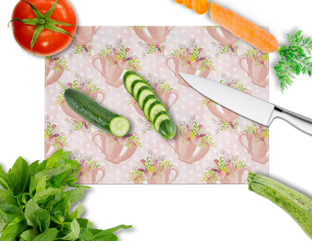 Tea Cup and Flowers Pink Cutting Board Tempered Glass Kitchen Cutting Surface, Heat Resistant Chopping, Non-Slip Feet, Food Prep & Serving