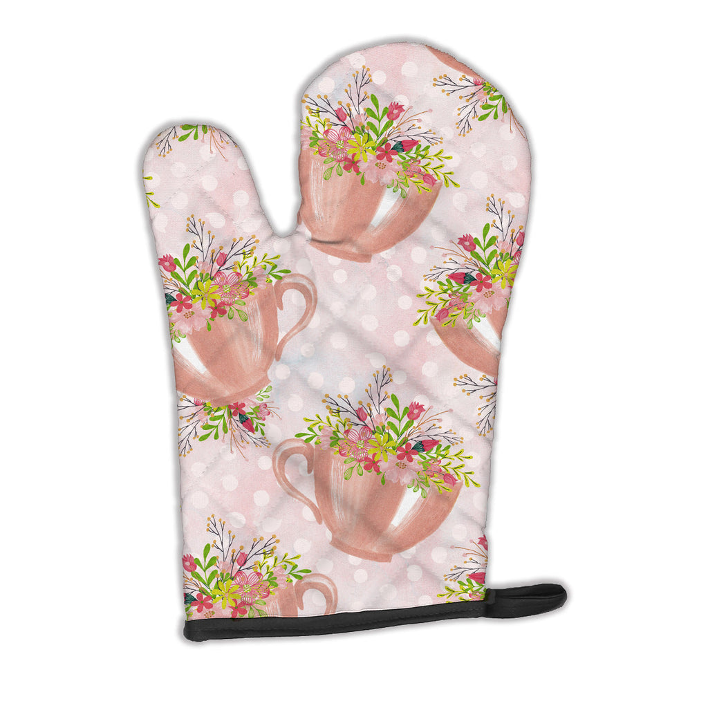 Tea Cup and Flowers Pink Oven Mitt Heat Resistant Thick Oven Mitt for Hot Pans and Oven, Kitchen Mitt Protect Hands, Cooking Baking Glove
