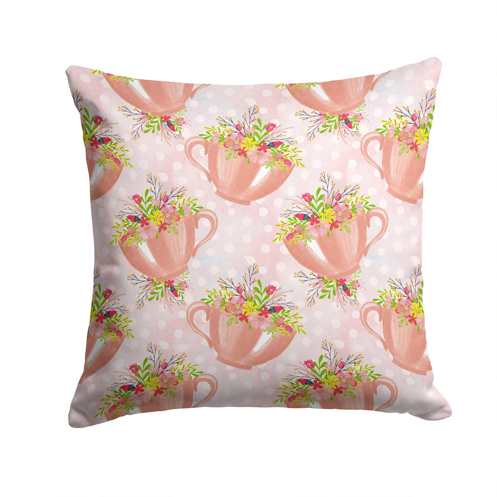 Tea Cup and Flowers Pink Decorative Throw Pillow 14x14 Indoor Outdoor Accent Cushion, Fabric Cover with Insert for Sofa, Bed, Porch & Living Room