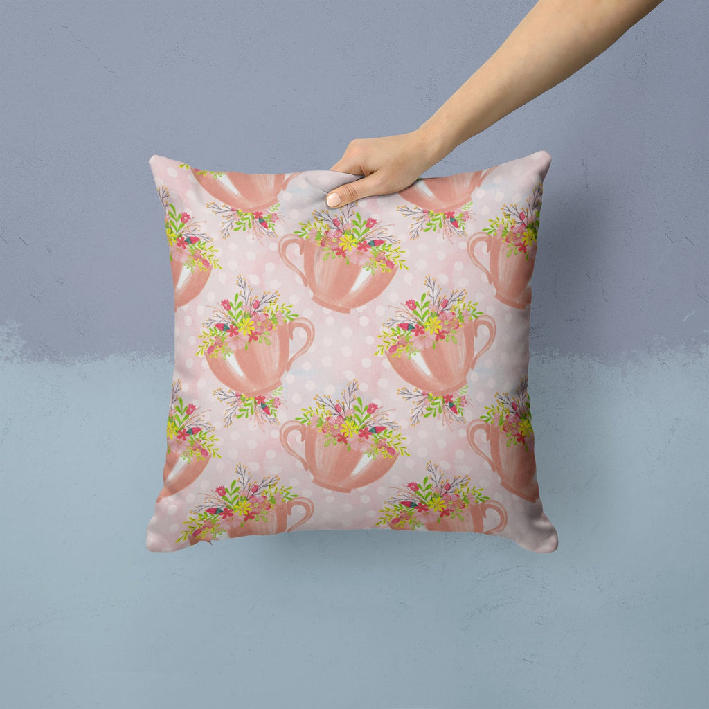 Tea Cup and Flowers Pink Decorative Throw Pillow 14x14 Indoor Outdoor Accent Cushion, Fabric Cover with Insert for Sofa, Bed, Porch & Living Room