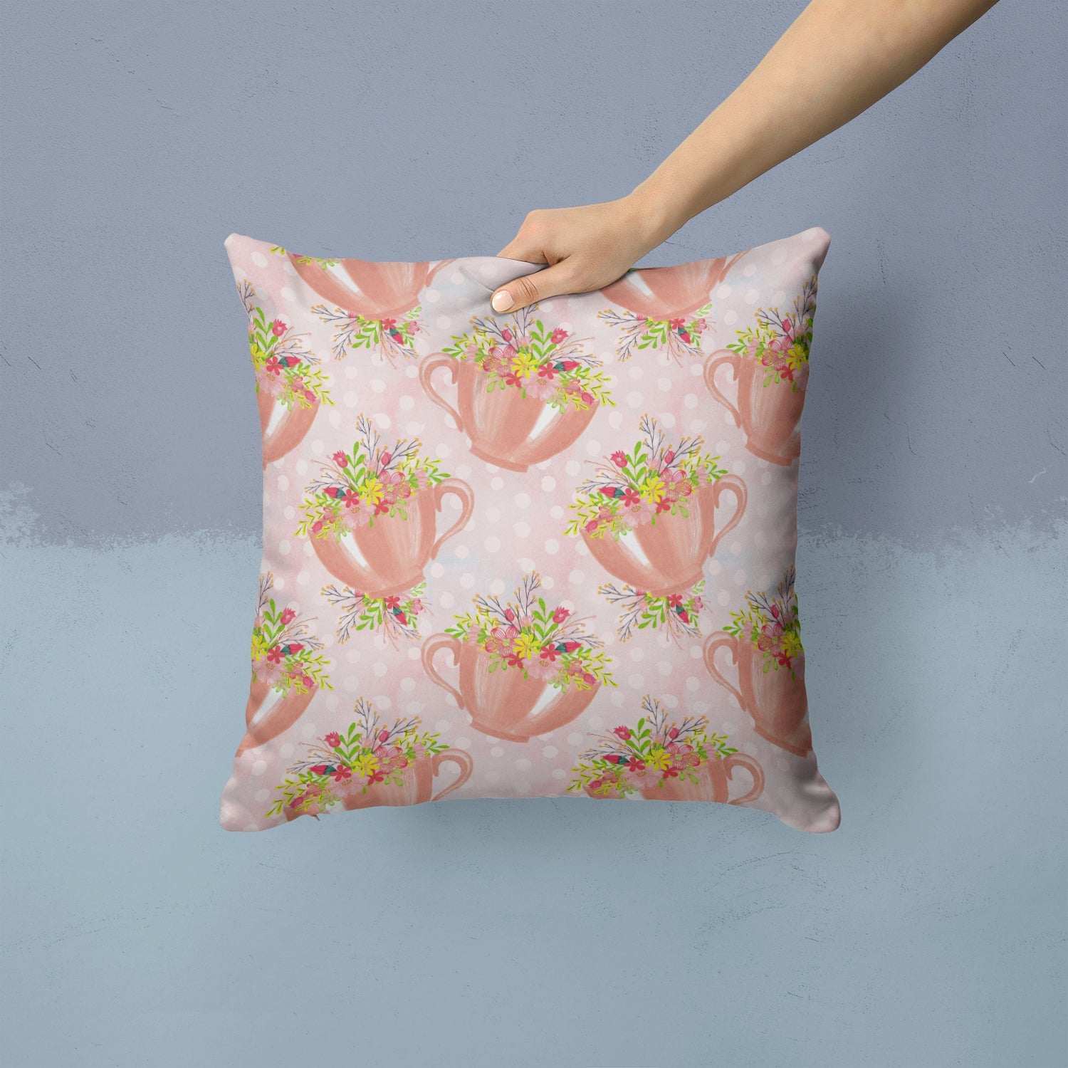 Tea Cup and Flowers Pink Decorative Throw Pillow 14x14 Indoor Outdoor Accent Cushion, Fabric Cover with Insert for Sofa, Bed, Porch & Living Room