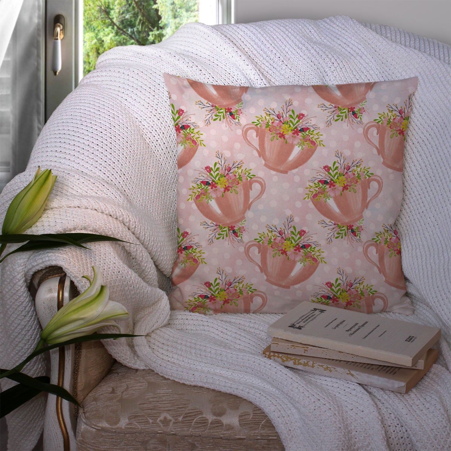 Tea Cup and Flowers Pink Decorative Throw Pillow 14x14 Indoor Outdoor Accent Cushion, Fabric Cover with Insert for Sofa, Bed, Porch & Living Room