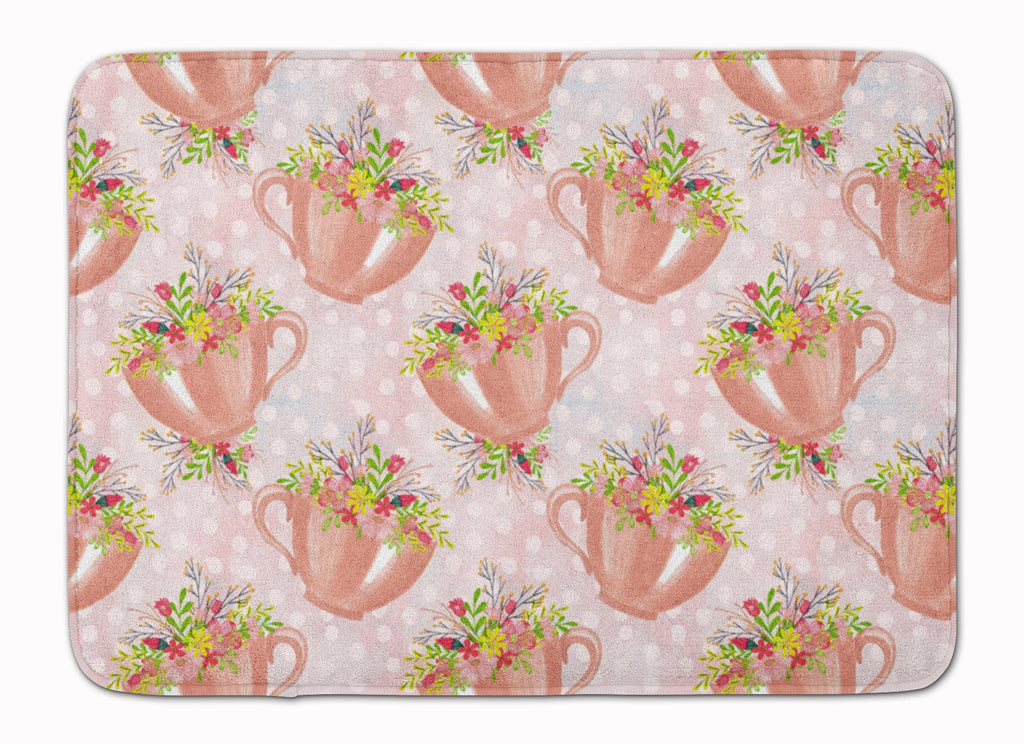 Tea Cup and Flowers Pink Memory Foam Kitchen Mat Machine Washable Anti-Fatigue Cushion Comfort Bath or Kitchen Rug