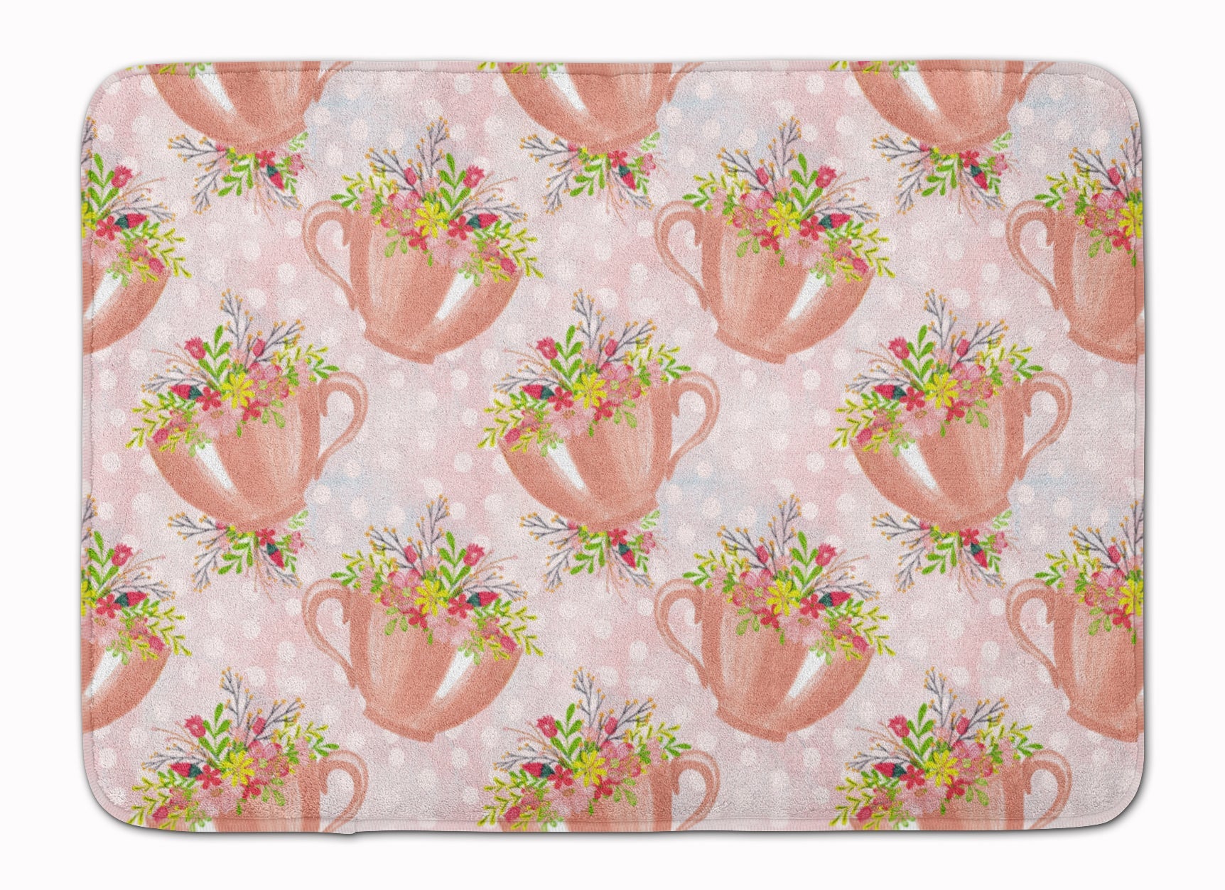 Tea Cup and Flowers Pink Memory Foam Kitchen Mat Machine Washable Anti-Fatigue Cushion Comfort Bath or Kitchen Rug