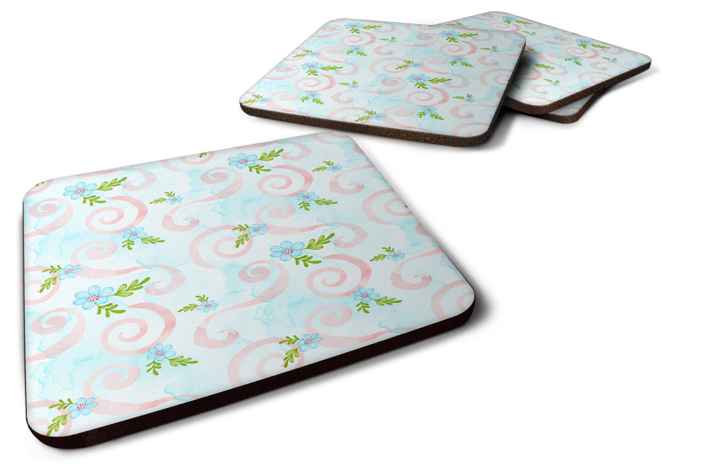 Watercolor Blue Flowers and Swirls Foam Coasters Set of 4 Cup Coasters for Indoor Outdoor, Tabletop Protection, Anti Slip, Mouse pad Material