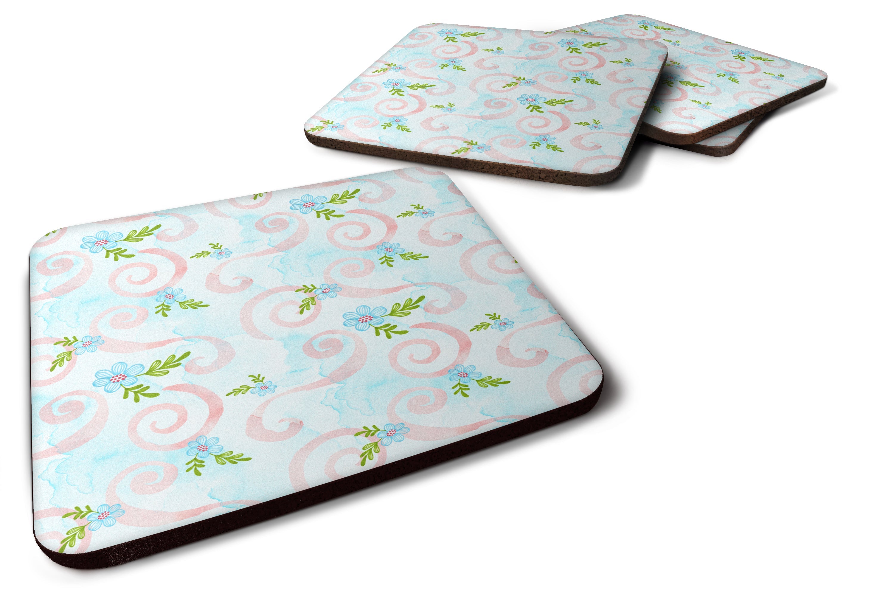 Watercolor Blue Flowers and Swirls Foam Coasters Set of 4 Cup Coasters for Indoor Outdoor, Tabletop Protection, Anti Slip, Mouse pad Material