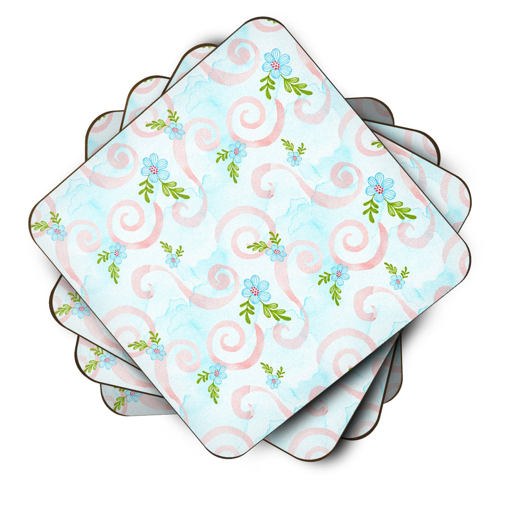Watercolor Blue Flowers and Swirls Foam Coasters Set of 4 Cup Coasters for Indoor Outdoor, Tabletop Protection, Anti Slip, Mouse pad Material