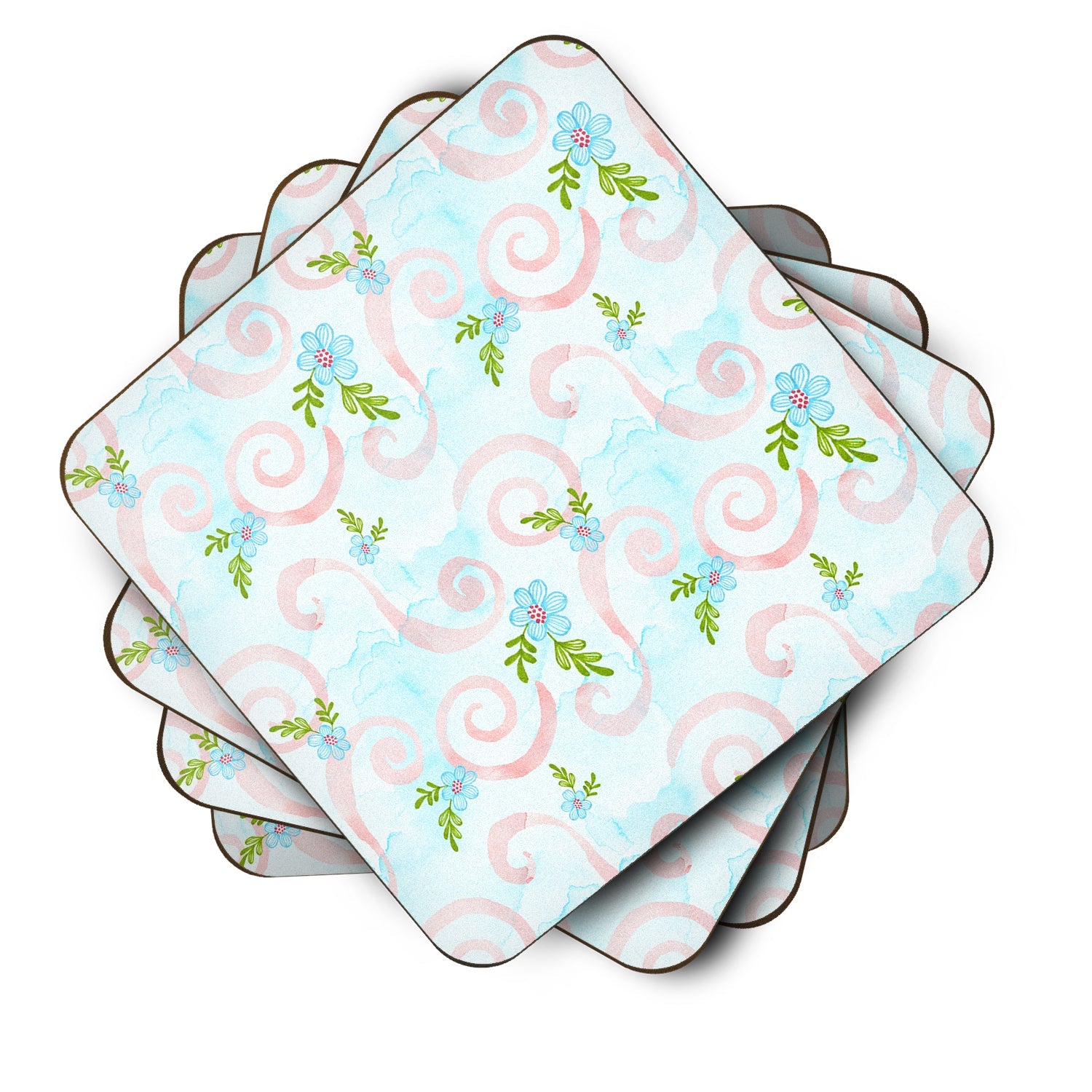 Watercolor Blue Flowers and Swirls Foam Coasters Set of 4 Cup Coasters for Indoor Outdoor, Tabletop Protection, Anti Slip, Mouse pad Material