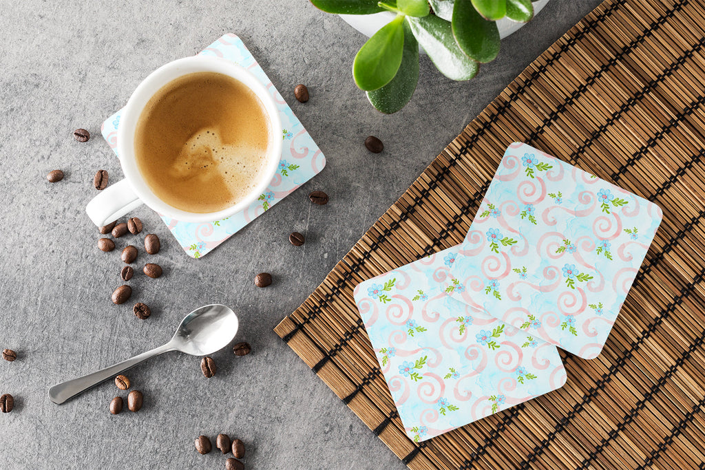 Watercolor Blue Flowers and Swirls Foam Coasters Set of 4 Cup Coasters for Indoor Outdoor, Tabletop Protection, Anti Slip, Mouse pad Material