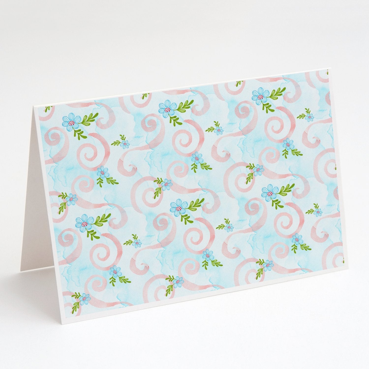 Watercolor Blue Flowers and Swirls Greeting Cards Pack of 8 Blank Cards with Envelopes Whimsical A7 Size 5x7
