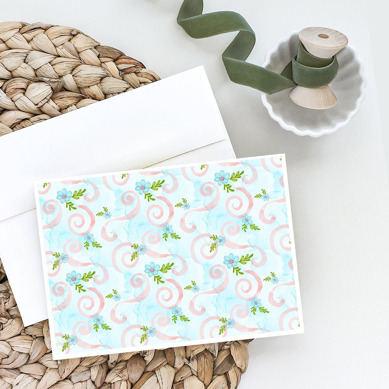 Watercolor Blue Flowers and Swirls Greeting Cards Pack of 8 Blank Cards with Envelopes Whimsical A7 Size 5x7