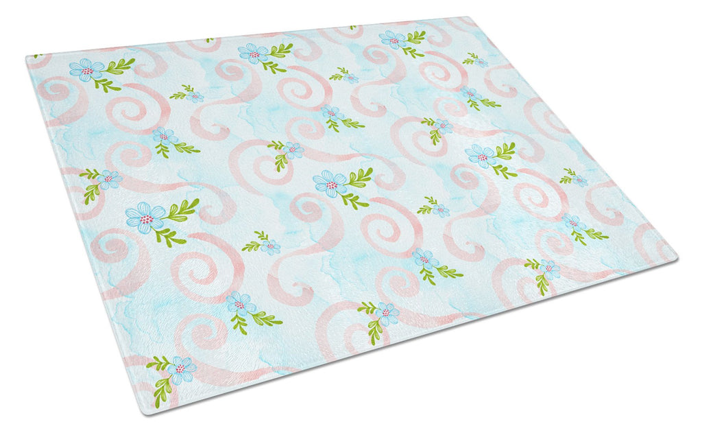 Watercolor Blue Flowers and Swirls Cutting Board Tempered Glass Kitchen Cutting Surface, Heat Resistant Chopping, Non-Slip Feet, Food Prep & Serving