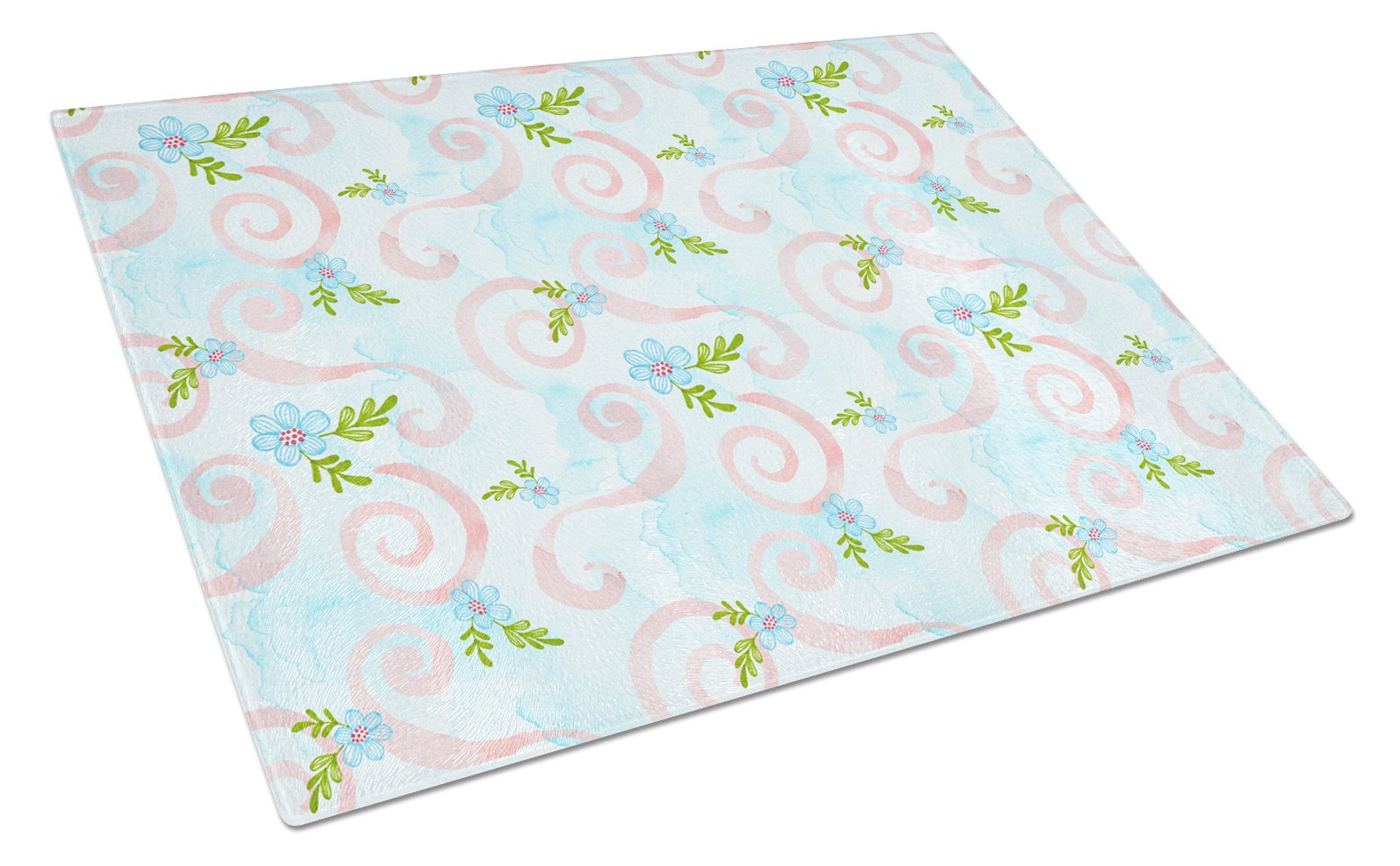Watercolor Blue Flowers and Swirls Cutting Board Tempered Glass Kitchen Cutting Surface, Heat Resistant Chopping, Non-Slip Feet, Food Prep & Serving