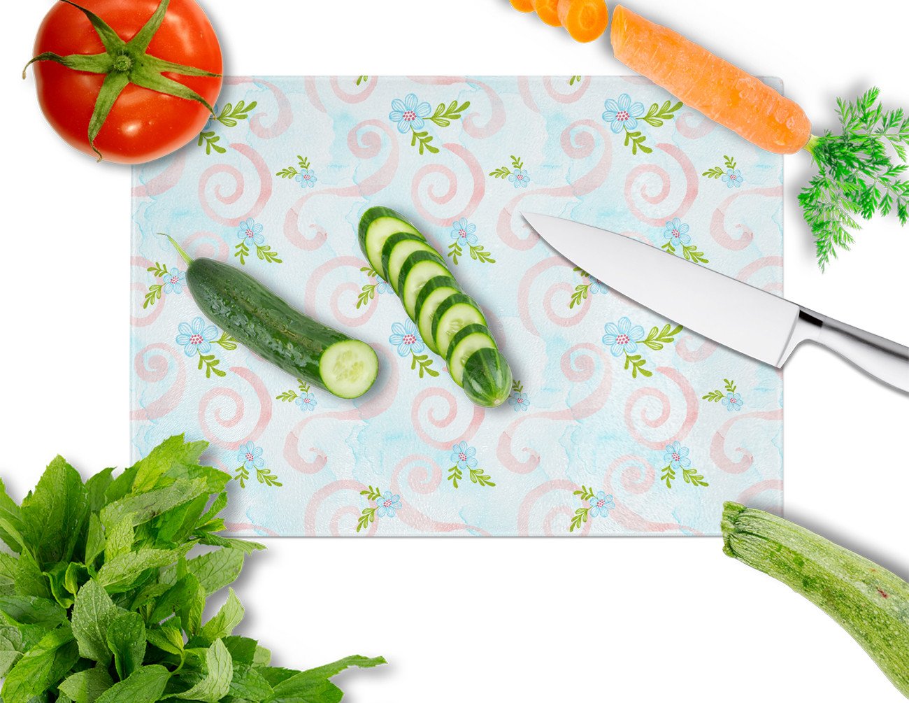 Watercolor Blue Flowers and Swirls Cutting Board Tempered Glass Kitchen Cutting Surface, Heat Resistant Chopping, Non-Slip Feet, Food Prep & Serving