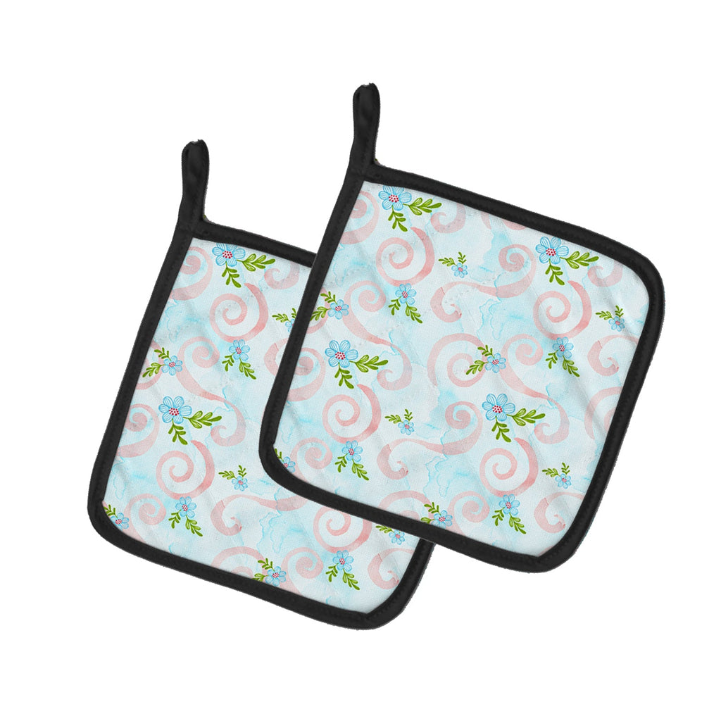 Watercolor Blue Flowers and Swirls Pot Holder Set of 2 Heat Resistant Quilted Hot Pads 7.5 x 7.5 Inch, Insulated Kitchen Trivets for Cooking & Baking