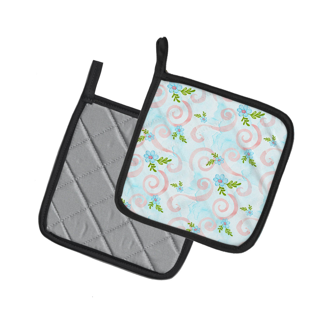 Watercolor Blue Flowers and Swirls Pot Holder Set of 2 Heat Resistant Quilted Hot Pads 7.5 x 7.5 Inch, Insulated Kitchen Trivets for Cooking & Baking