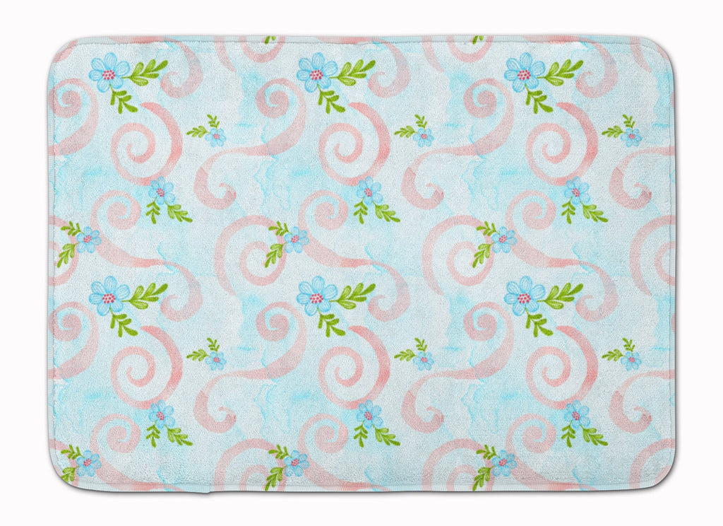 Watercolor Blue Flowers and Swirls Memory Foam Kitchen Mat Machine Washable Anti-Fatigue Cushion Comfort Bath or Kitchen Rug