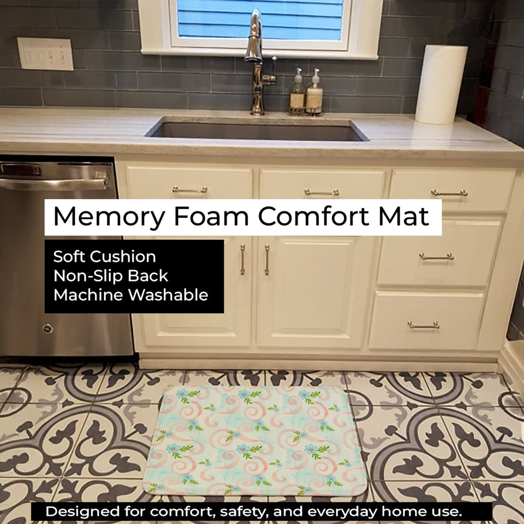Watercolor Blue Flowers and Swirls Memory Foam Kitchen Mat Machine Washable Anti-Fatigue Cushion Comfort Bath or Kitchen Rug