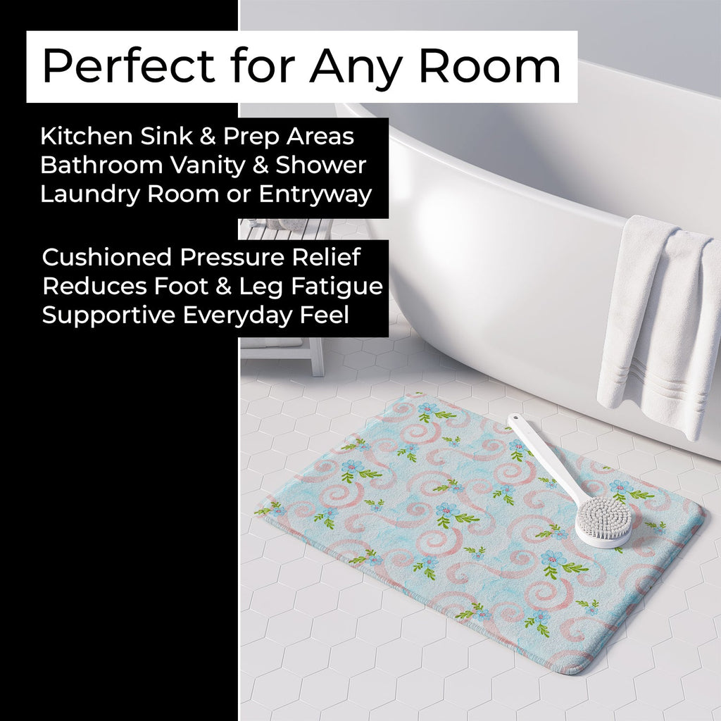 Watercolor Blue Flowers and Swirls Memory Foam Kitchen Mat Machine Washable Anti-Fatigue Cushion Comfort Bath or Kitchen Rug