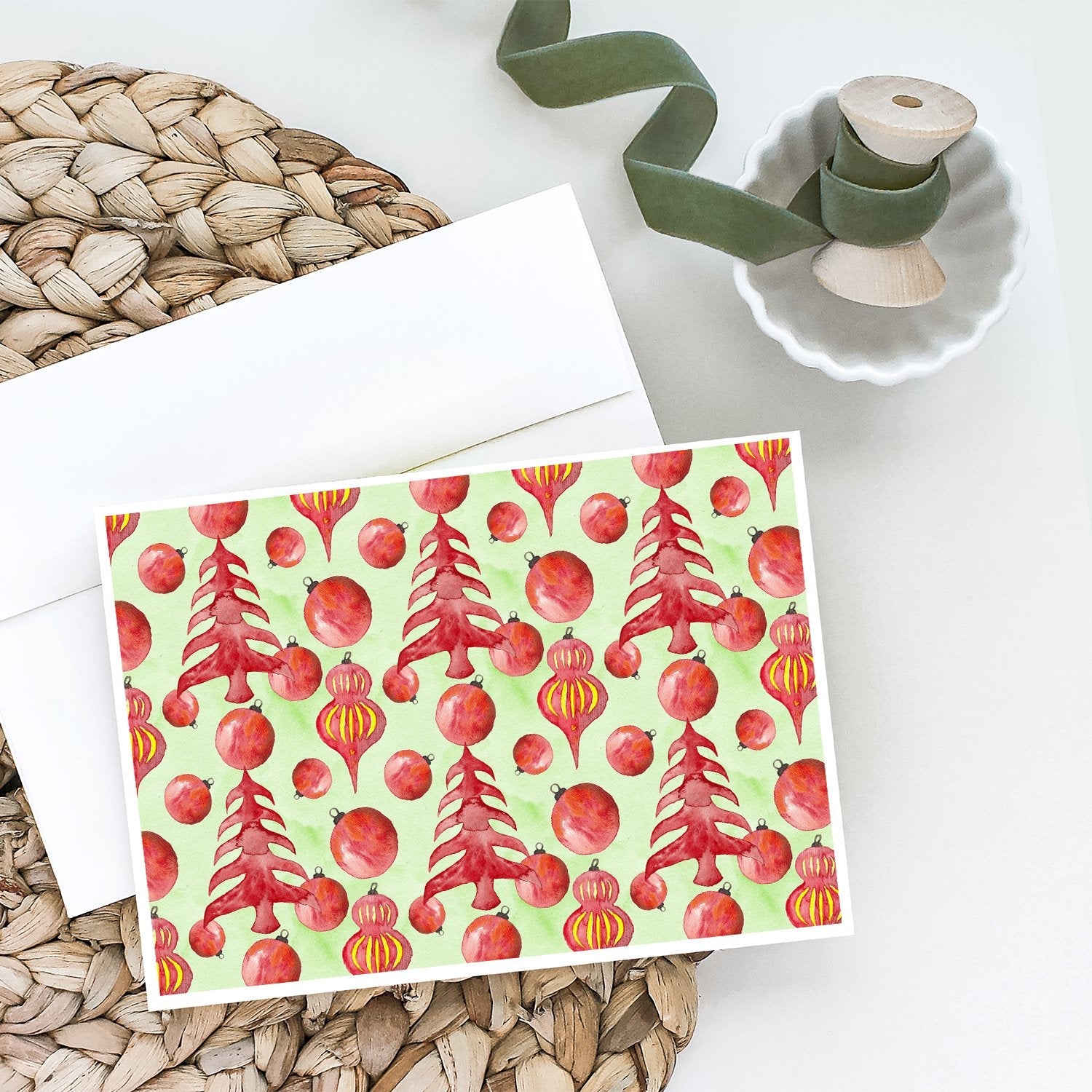 Red Christmas Tree and Ornaments Greeting Cards Pack of 8 Blank Cards with Envelopes Whimsical A7 Size 5x7