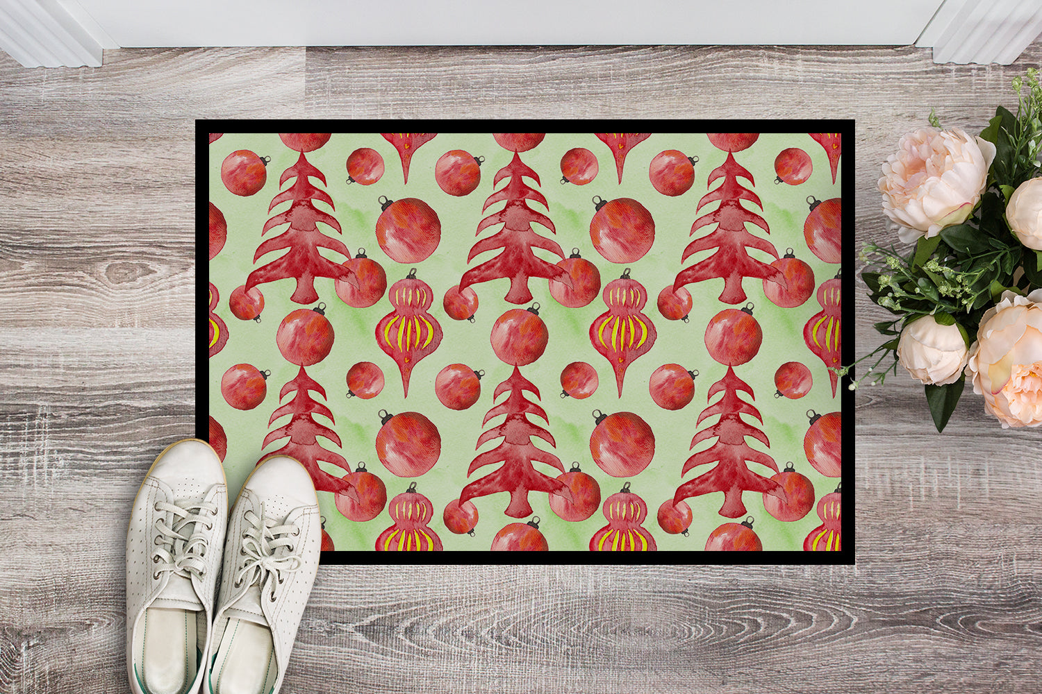 Red Christmas Tree and Ornaments Doormat Indoor Outdoor 24H X 36W Front Door Mat Rugs for Entryway, Non Slip Washable Low Pile,