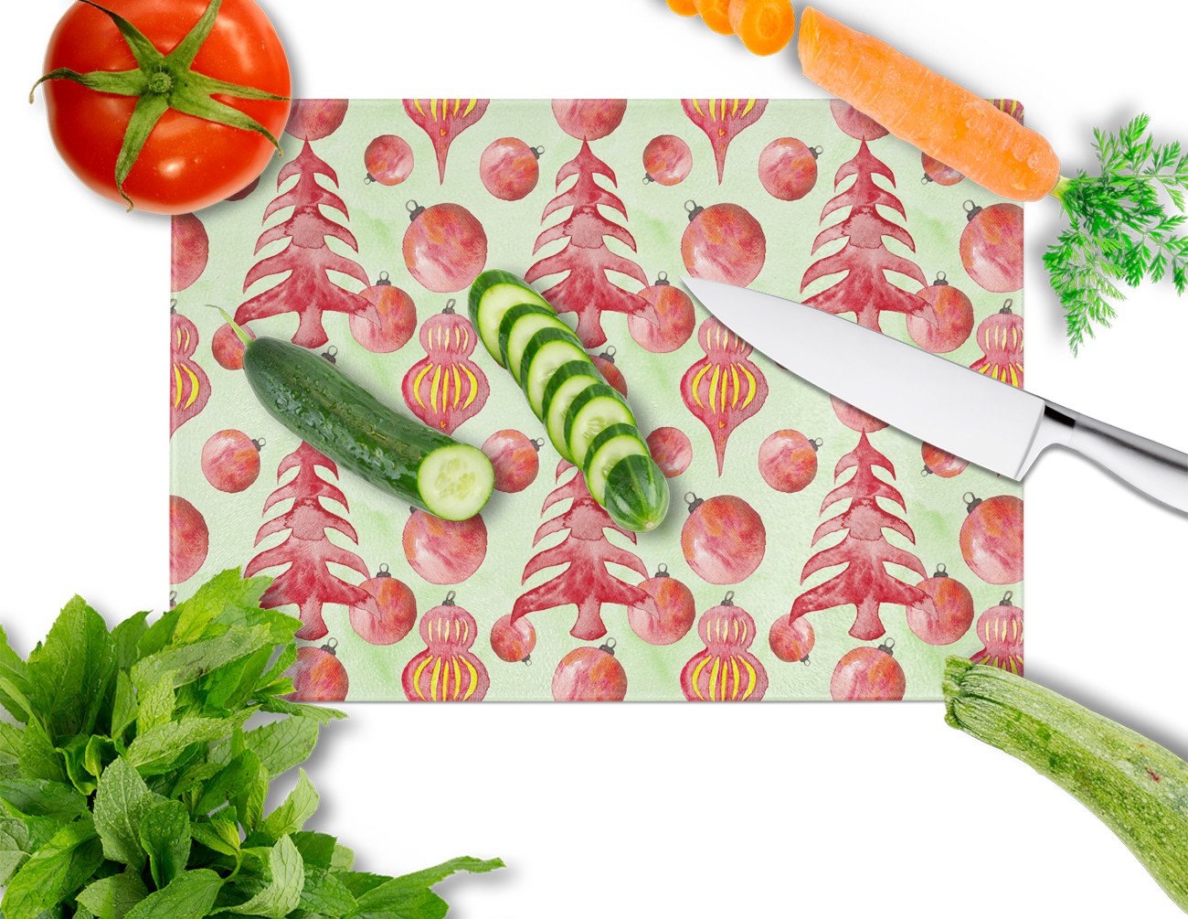 Red Christmas Tree and Ornaments Cutting Board Tempered Glass Kitchen Cutting Surface, Heat Resistant Chopping, Non-Slip Feet, Food Prep & Serving