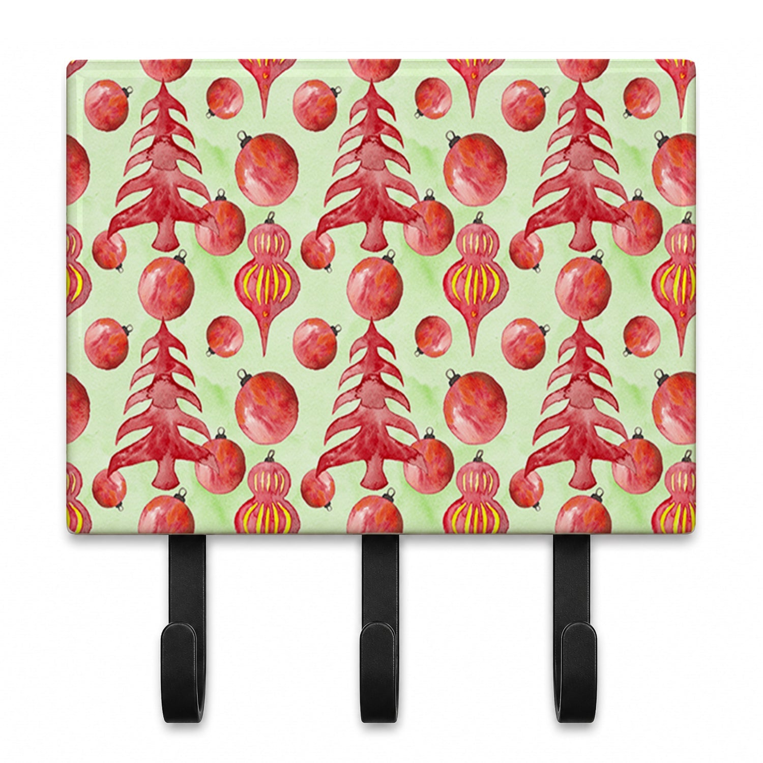 Red Christmas Tree and Ornaments Leash or Key Holder Wall Hooks, Coat Rack Wall Mount, for Hanging Keys, Towels, Aprons, Leashes