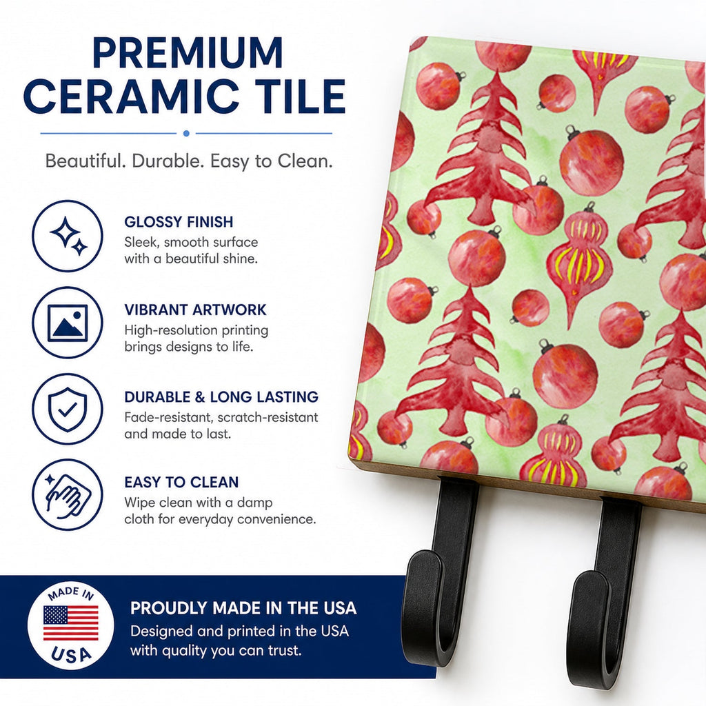 Red Christmas Tree and Ornaments Leash or Key Holder Wall Hooks, Coat Rack Wall Mount, for Hanging Keys, Towels, Aprons, Leashes