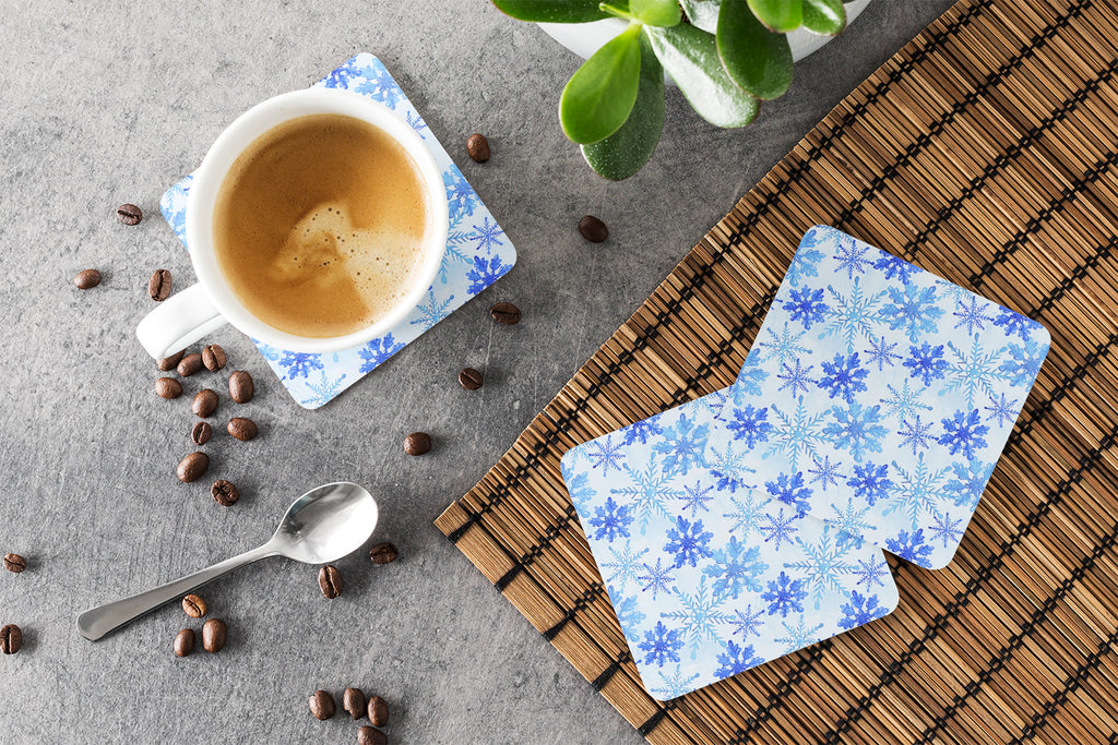 Blue Snowflakes Watercolor Foam Coasters Set of 4 Cup Coasters for Indoor Outdoor, Tabletop Protection, Anti Slip, Mouse pad Material