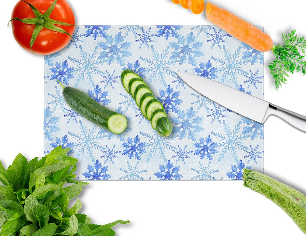 Blue Snowflakes Watercolor Cutting Board Tempered Glass Kitchen Cutting Surface, Heat Resistant Chopping, Non-Slip Feet, Food Prep & Serving