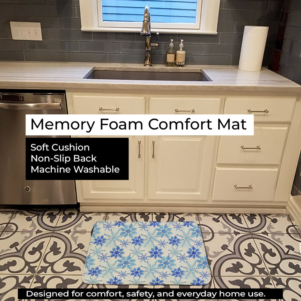 Blue Snowflakes Watercolor Memory Foam Kitchen Mat Machine Washable Anti-Fatigue Cushion Comfort Bath or Kitchen Rug