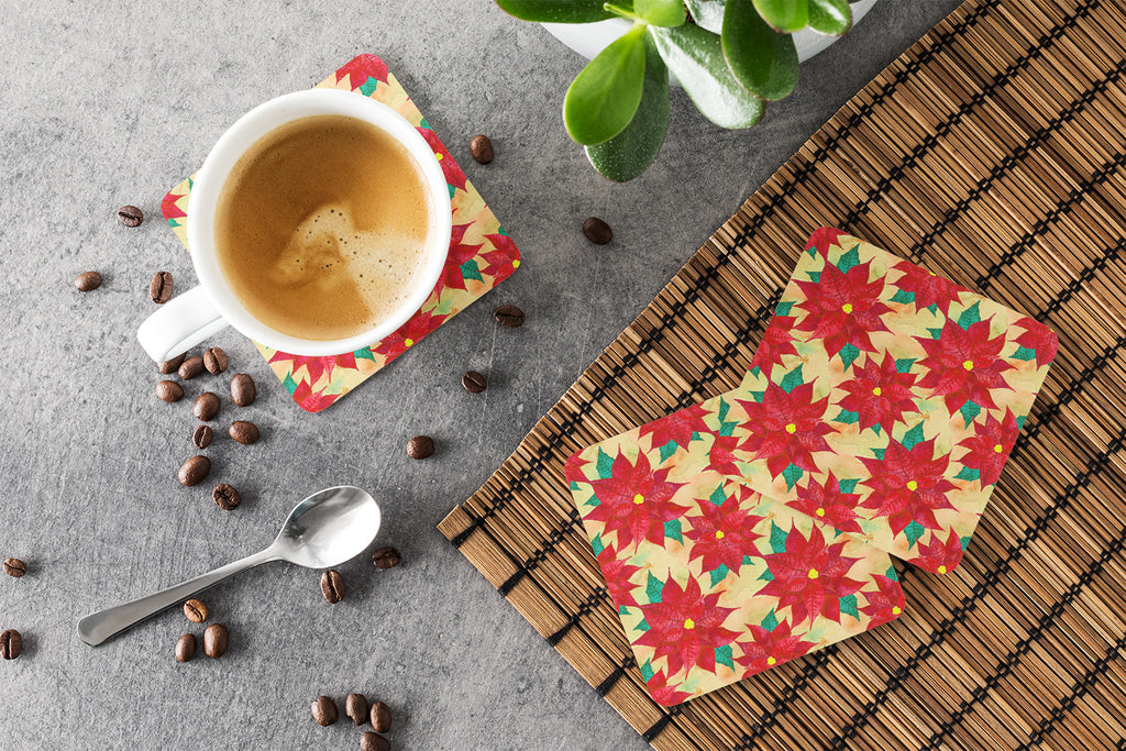 Poinsetta Christmas Foam Coasters Set of 4 Cup Coasters for Indoor Outdoor, Tabletop Protection, Anti Slip, Mouse pad Material