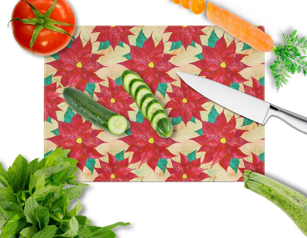 Poinsetta Christmas Cutting Board Tempered Glass Kitchen Cutting Surface, Heat Resistant Chopping, Non-Slip Feet, Food Prep & Serving