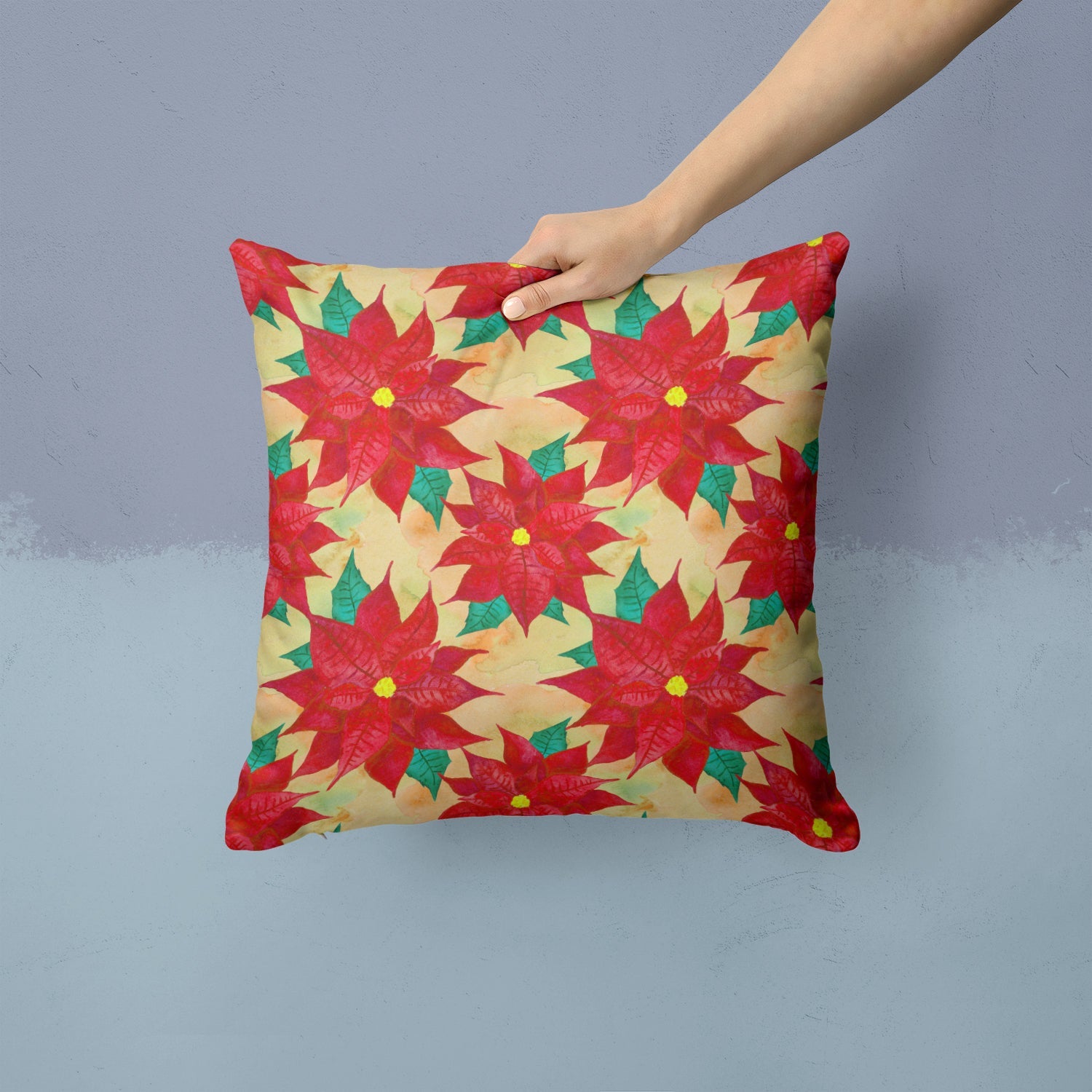 Poinsetta Christmas Decorative Throw Pillow 14x14 Indoor Outdoor Accent Cushion, Fabric Cover with Insert for Sofa, Bed, Porch & Living Room