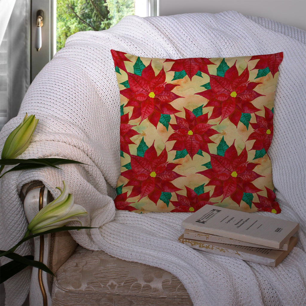 Poinsetta Christmas Decorative Throw Pillow 14x14 Indoor Outdoor Accent Cushion, Fabric Cover with Insert for Sofa, Bed, Porch & Living Room