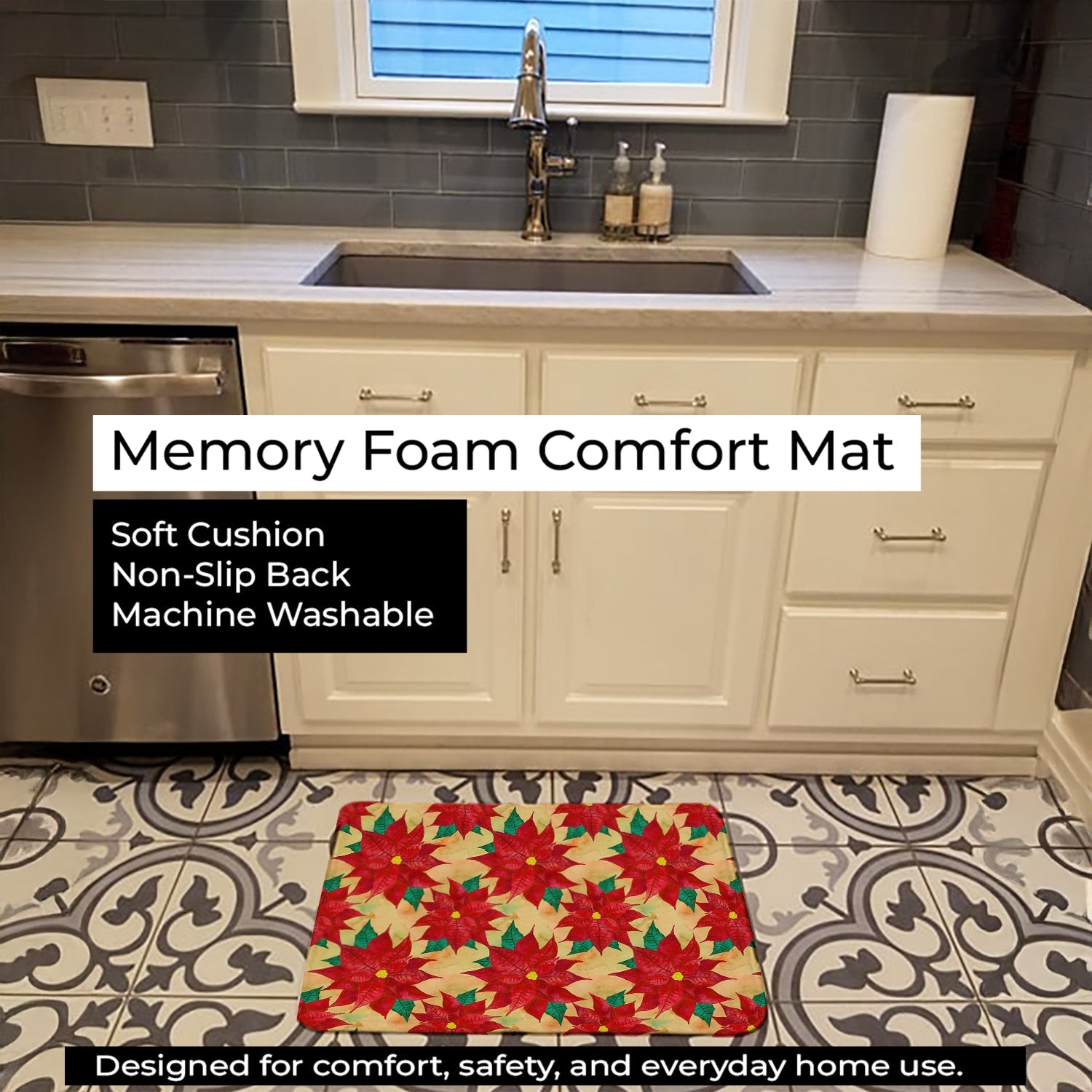 Poinsetta Christmas Memory Foam Kitchen Mat Machine Washable Anti-Fatigue Cushion Comfort Bath or Kitchen Rug