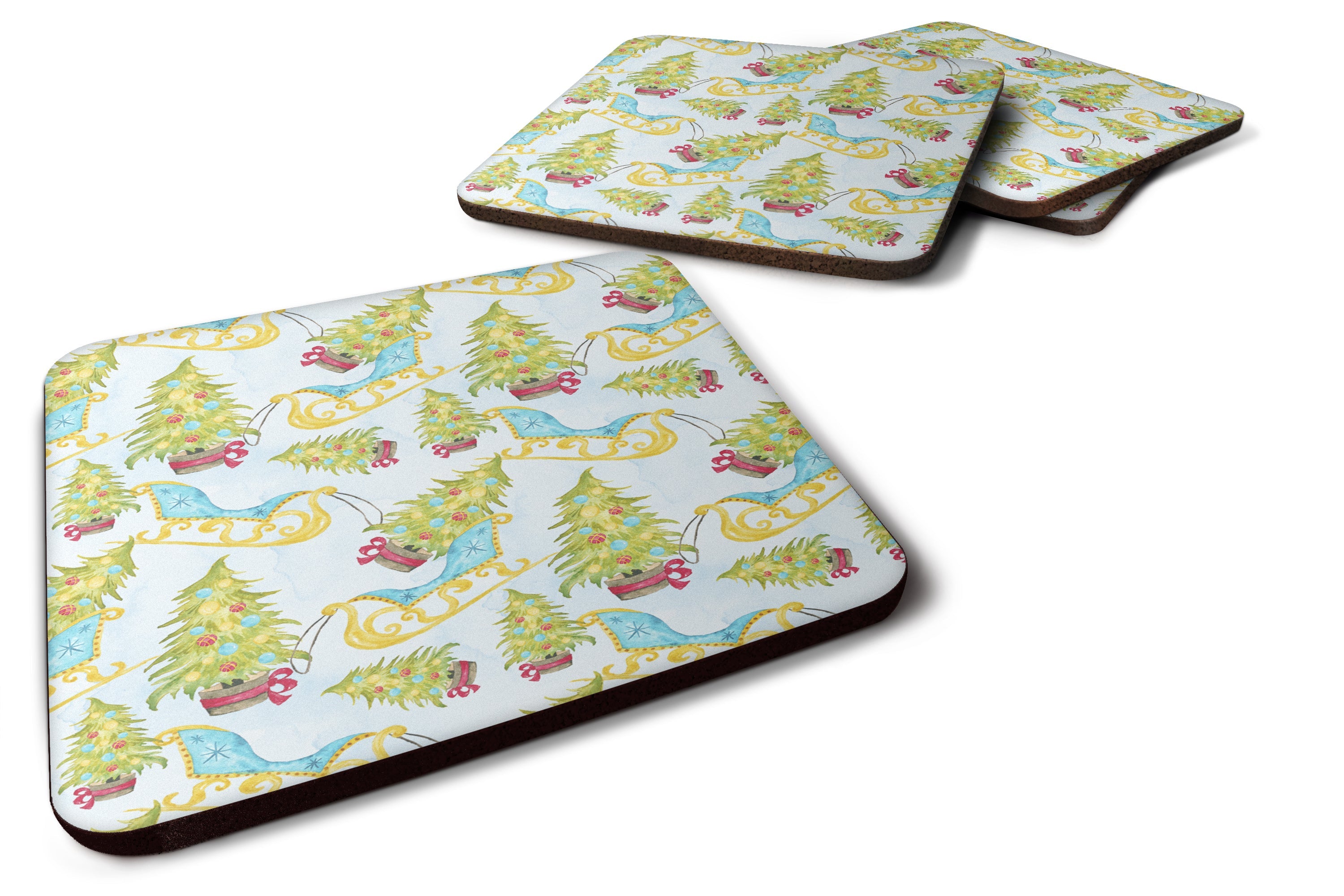 Christmas Tree and Sleigh Foam Coasters Set of 4 Cup Coasters for Indoor Outdoor, Tabletop Protection, Anti Slip, Mouse pad Material