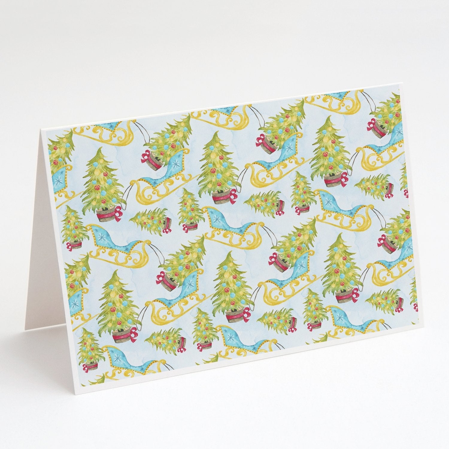 Christmas Tree and Sleigh Greeting Cards Pack of 8 Blank Cards with Envelopes Whimsical A7 Size 5x7