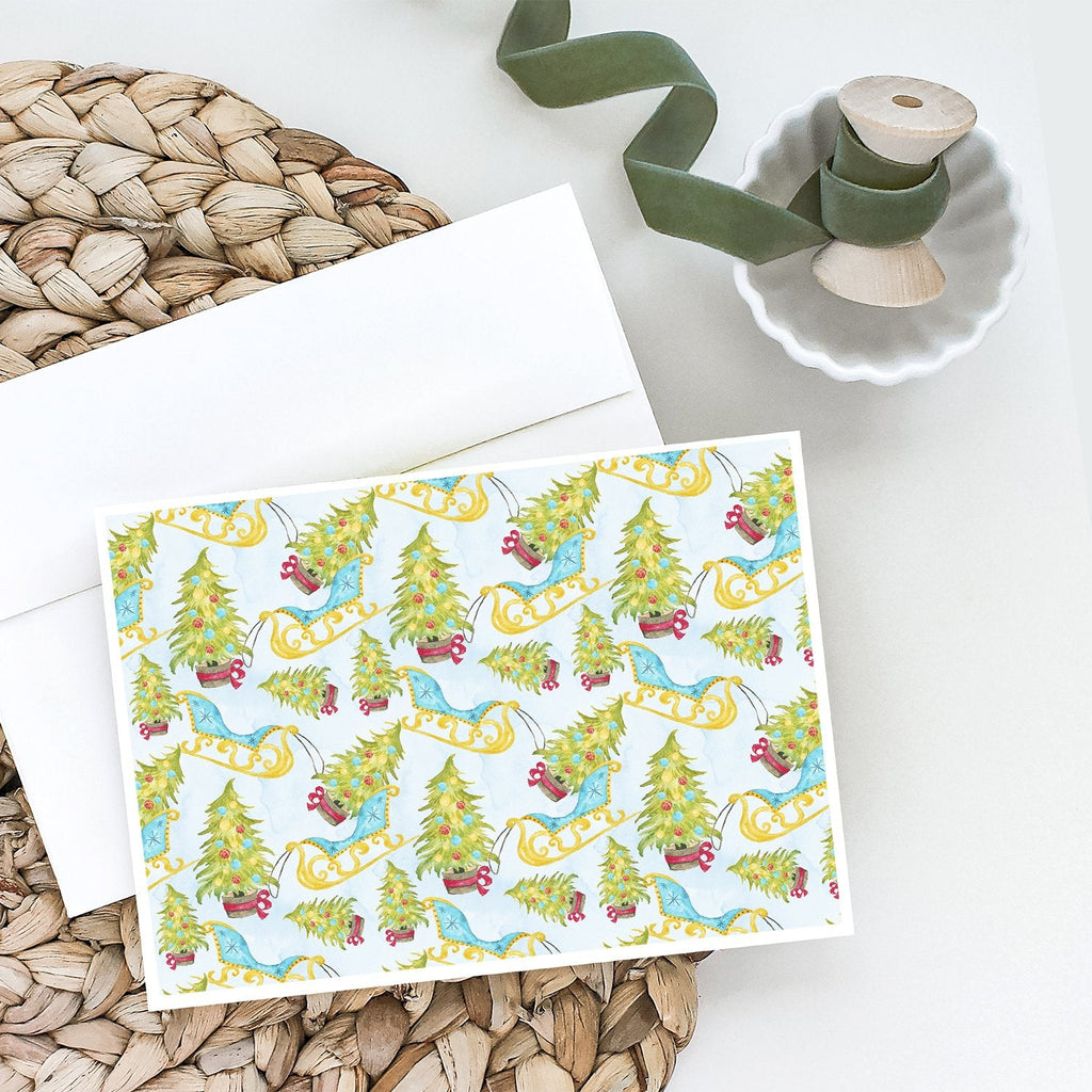 Christmas Tree and Sleigh Greeting Cards Pack of 8 Blank Cards with Envelopes Whimsical A7 Size 5x7
