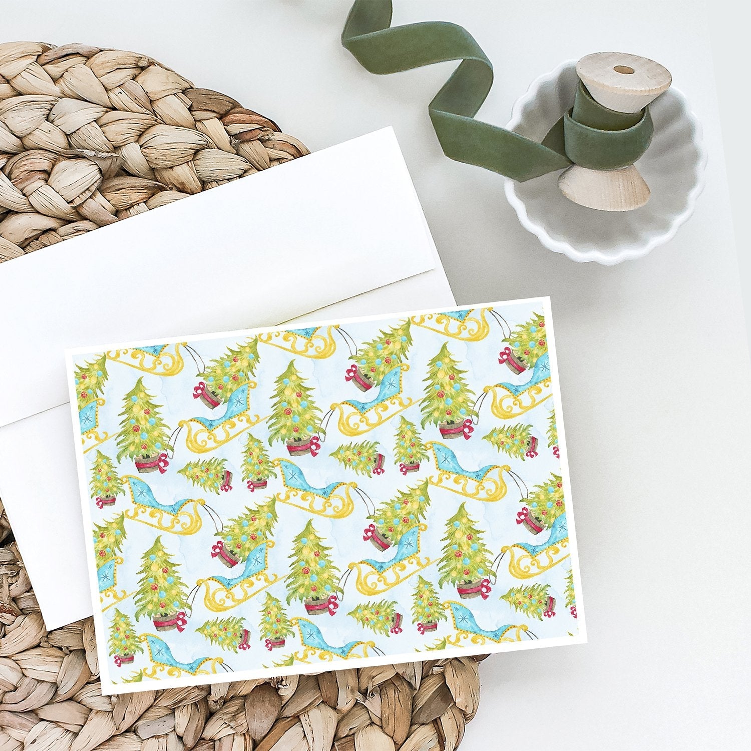 Christmas Tree and Sleigh Greeting Cards Pack of 8 Blank Cards with Envelopes Whimsical A7 Size 5x7
