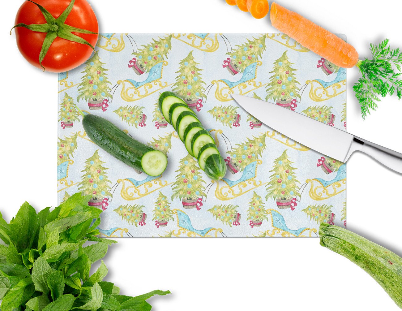 Christmas Tree and Sleigh Cutting Board Tempered Glass Kitchen Cutting Surface, Heat Resistant Chopping, Non-Slip Feet, Food Prep & Serving