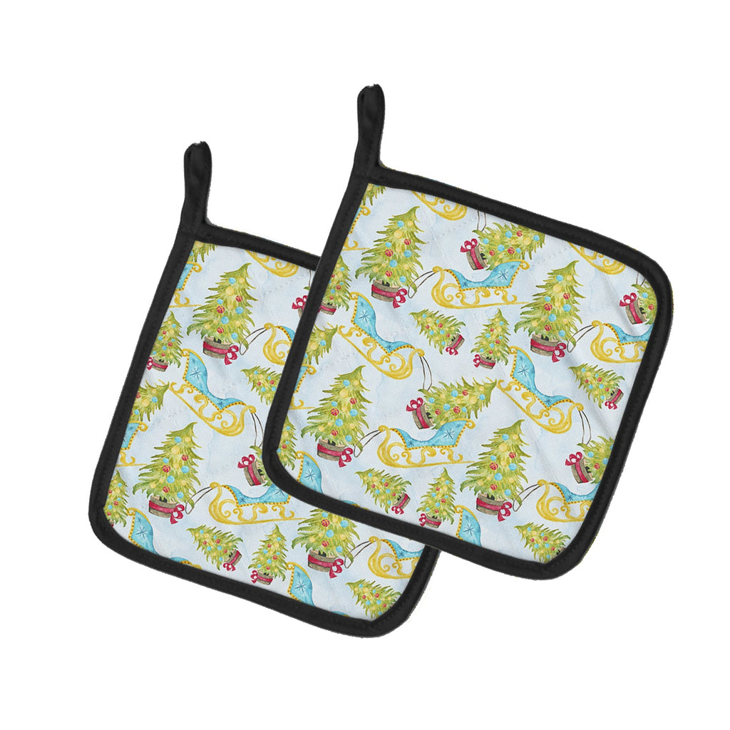 Christmas Tree and Sleigh Pot Holder Set of 2 Heat Resistant Quilted Hot Pads 7.5 x 7.5 Inch, Insulated Kitchen Trivets for Cooking & Baking