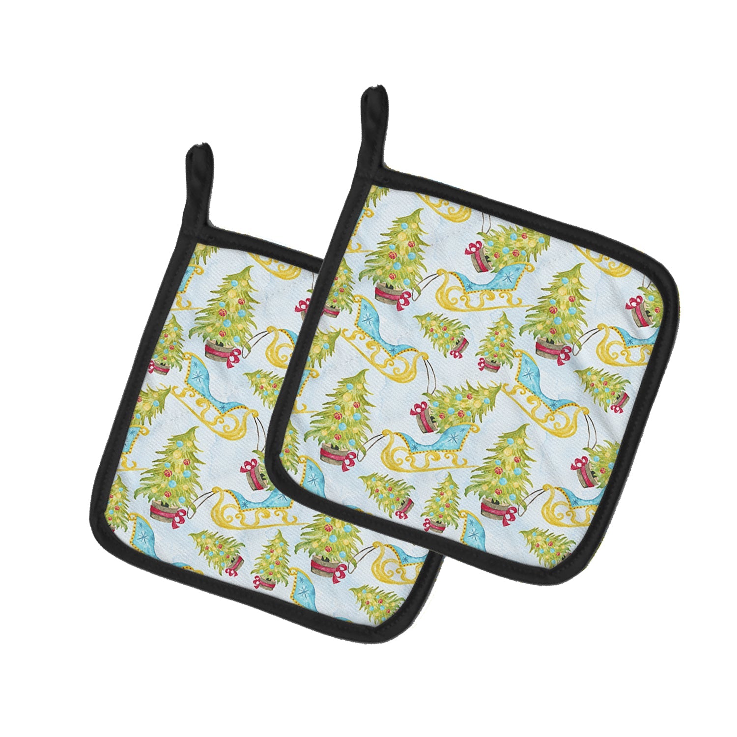 Christmas Tree and Sleigh Pot Holder Set of 2 Heat Resistant Quilted Hot Pads 7.5 x 7.5 Inch, Insulated Kitchen Trivets for Cooking & Baking