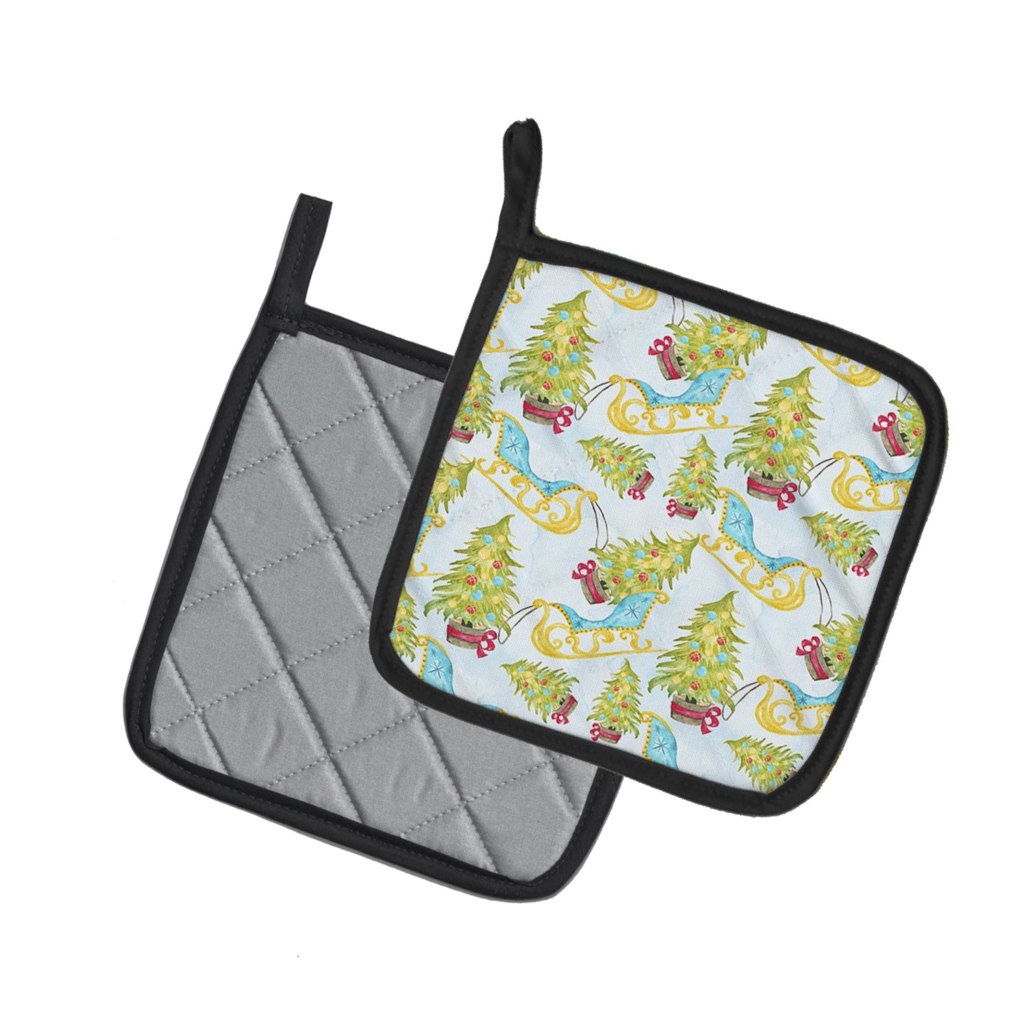 Christmas Tree and Sleigh Pot Holder Set of 2 Heat Resistant Quilted Hot Pads 7.5 x 7.5 Inch, Insulated Kitchen Trivets for Cooking & Baking