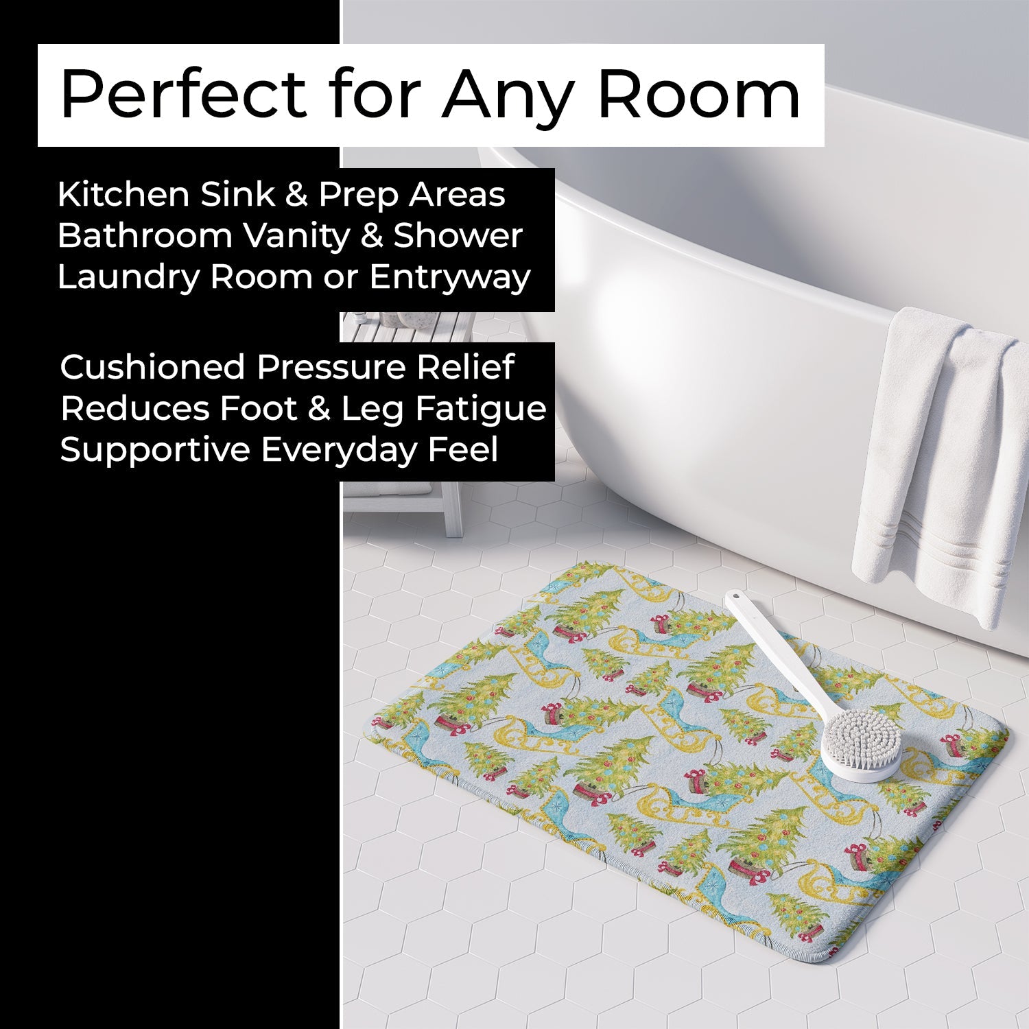 Christmas Tree and Sleigh Memory Foam Kitchen Mat Machine Washable Anti-Fatigue Cushion Comfort Bath or Kitchen Rug