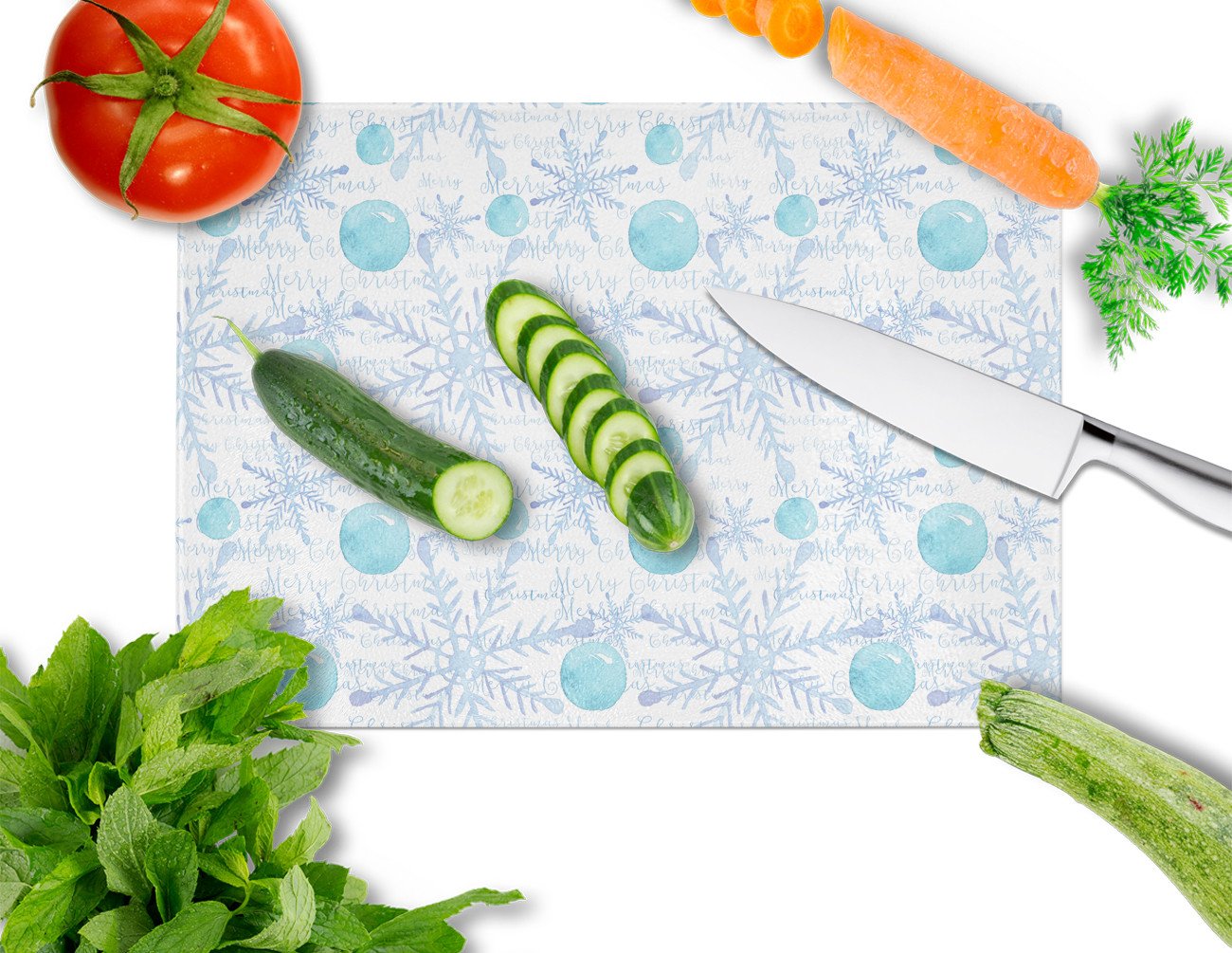 Winter Snowflakes on White Cutting Board Tempered Glass Kitchen Cutting Surface, Heat Resistant Chopping, Non-Slip Feet, Food Prep & Serving